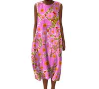 Abito da spiaggia donna Bohemian camicia abiti san maniche larghe casual A-line stampa fiore abiti scollo a v cotone rotondo abito da sera donna casual abiti da spiaggia festa, 5-rosa, S