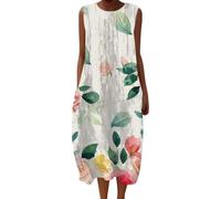 Abito da spiaggia donna in cotone pullover abiti san maniche casual ampia A-line stampa fiore abiti scollo a V grande taglia metà lungo abito lungo donna vintage vestito per festa lavoro, beige, XXXL