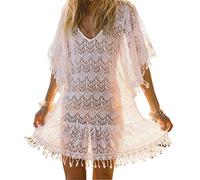 Abito da spiaggia, maniche svasate, in pizzo, copricostumi, bikini, poncho, camicetta estiva, sexy, taglia tunica Bianco: 402 Taglia unica