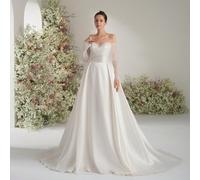 Abito da sposa a-line con maniche lunghe e spalle scoperte, con pizzo e paillettes, elegante e fluido, romantico e di lusso, adatto per cerimonie di nozze all'aperto, in giardino privato o in cappella