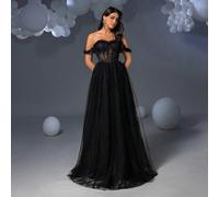 Abito da sposa con spalle scoperte, decorato con applicazioni di pizzo floreale, schiena regolabile in pizzo, abito a-line in tulle da sogno, scelta perfetta per un matrimonio romantico, elegante fest