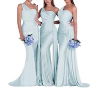 Abito da sposa da damigella d'onore a sirena per donna, a maniche lunghe, senza spalline, sexy, plissettato, ad una spalla, increspato, bodycon, da cameriera d'onore, Celeste, 44