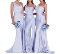 Abito da sposa da damigella d'onore da matrimonio a sirena per donna, lungo, senza maniche, sexy, plissettato, ad una spalla, increspato, aderente, da cameriera d'onore, Lavanda, 40