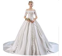 Abito da sposa da donna a mezza manica con spalle scoperte, applicazioni in pizzo floreale, cappella con strascico, abito da ballo, abito da sposa, principessa, sposa, maxi, abito da banchetto, abito