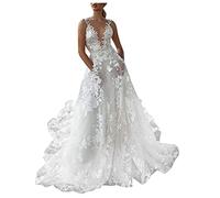 Abito da sposa da donna, con scollo a V, in chiffon e pizzo, stile boho, maxi abito da sposa, a maniche lunghe, elegante, ricamato, lunghezza fino al pavimento, per cerimonie formali e occasioni