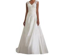 Abito da Sposa Donna Elegante Senza Maniche Scollo a V Nuziale con Spacco Pizzo Lungo per Matrimonio/Fidanzamento/Sera/Foto (White, M)