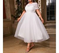 Abito da sposa elegante e modesto da donna, taglia curvy, in stile vintage con rete, zip e pizzo a contrasto, adatto per matrimonio, festa, compleanno, anniversario, laurea, cocktail, cena formale, se