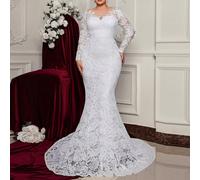 Abito da sposa elegante e romantico, taglia comoda, con inserti in pizzo floreale, maniche lunghe in tulle, collo alto, vita alta modellante, coda da sirena con strascico lungo, fiocco esagerato stacc