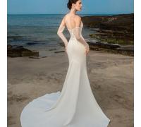 Abito da sposa elegante in raso a sirena con scollo a cuore e maniche a tubo, HEARBOBO L,M,S,XLBlocchi di colore,Grafico,PianteTessuto intrecciato