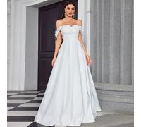 Abito da sposa elegante Mgiacy con spalle scoperte, applicazioni floreali, patchwork in raso, lungo, adatto per addio al nubilato, matrimonio, San Valentino, primavera, colore bianco L,M,S,XLColore un