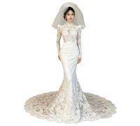 Abito Da Sposa In Pizzo A Rete Trasparente, A Maniche Lunghe, Formale, for Matrimoni All'aperto, Giardino, Ricevimenti Formali Chiesa.(L)