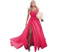 Abito da sposa in raso senza spalline da sposa lungo una linea fuori dalla spalla formale abito da ballo con fessura increspato Sweetheart Prom Dress, Rosa acceso, 44
