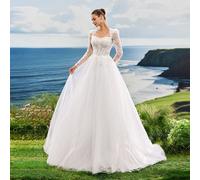 Abito da sposa in tulle con maniche lunghe e pizzo ricamato, stile principessa romantico ed elegante, con strascico, adatto per matrimoni in hotel, castello, spiaggia o prato, per la sposa, colore bia
