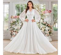 Abito da sposa leggero e bianco da donna con scollo a V, maniche a lanterna, pizzo di lusso, decorazione in vita, per matrimonio, San Valentino L,M,S,XLColore unicoChiffon