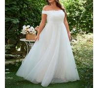 Abito da sposa lungo fino ai piedi con patchwork in pizzo e scollo a spalle scoperte, vestito da cerimonia elegante bianco adatto per addio al nubilato, festa di fidanzamento, brunch, cena di prova 0X