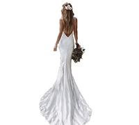 Abito da Sposa, Scollo a V Abito da Sposa, Senza Maniche Abito da Sposa, Abito da Festa in Raso, Abito da Sera, WZEFEIO, Bianco, 6