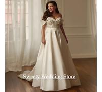 Abito da sposa taglie forti Vestido De Noiva Personalizzato con spalle scoperte Sweetheart Perline Perle Abito da sposa in raso con linea A