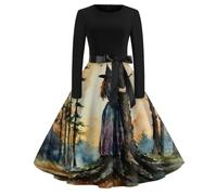 Abito da strega da donna, vintage, elegante, per feste | Abito vintage a tema strega per Halloween, a maniche lunghe, stile gotico, comodo abito midi con cintura con fiocco