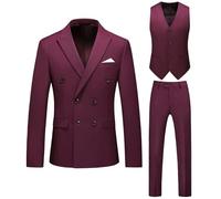 Abito da uomo, 3 pezzi, elegante, a doppio petto, abito casual da uomo, giacca, panciotto e pantaloni, adatto per matrimonio, uso quotidiano, Borgogna, S