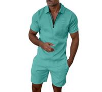 Abito da uomo casual a righe a due pezzi con cerniera a maniche corte top camicetta tuta coulisse tasca set corto con pantaloni da uomo, Verde menta, XL