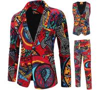 Abito da Uomo Casual A Tre Pezzi Giacca retrò Stampata Pantaloni Vestito Morbido Confortevole Cappotto Pantalone Slim Fit, Red, M