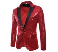 Abito da uomo con tasca rotonda con paillettes pulsante fila singola sposo palcoscenico spettacolo hosting casual blazer, Rosso, L