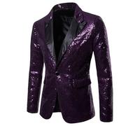 Abito da uomo con tasca rotonda con paillettes pulsante fila singola sposo palcoscenico spettacolo hosting casual blazer, Viola, L