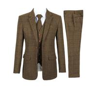 Abito da uomo in lana scozzese a tre pezzi blazer gilet pantaloni con risvolto tacca slim fit abito formale per festa di nozze, Marrone, L