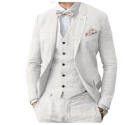 Abito da uomo in lino 3 pezzi formale da uomo d'affari blazer pantaloni abito con risvolti a tacca matrimonio testimoni dello sposo abbigliamento per feste, bianco, 50