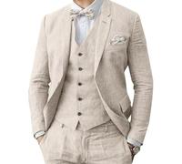 Abito da uomo in lino 3 pezzi formale da uomo d'affari blazer pantaloni abito con risvolti a tacca matrimonio testimoni dello sposo abbigliamento per feste, Beige, 60
