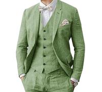 Abito da uomo in lino 3 pezzi formale da uomo d'affari blazer pantaloni abito con risvolti a tacca matrimonio testimoni dello sposo abbigliamento per feste, Verde salvia, 68