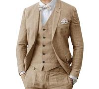 Abito da uomo in lino 3 pezzi formale da uomo d'affari blazer pantaloni abito con risvolti a tacca matrimonio testimoni dello sposo abbigliamento per feste, cachi, 46