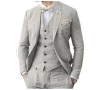 Abito da uomo in lino 3 pezzi formale da uomo d'affari blazer pantaloni abito con risvolti a tacca matrimonio testimoni dello sposo abbigliamento per feste, Argento, 64