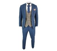 Abito da uomo in tweed a spina di pesce, 3 pezzi, stile vintage, su misura, colore: blu e marrone chiaro