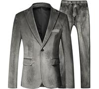 Abito da uomo in velluto a 2 pezzi con risvolto dentellato con un bottone per lo smoking, per feste invernali, cene, giacca e pantaloni in velluto, Grigio, M