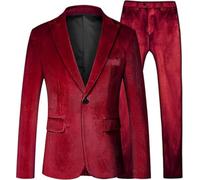 Abito da uomo in velluto a 2 pezzi con risvolto dentellato con un bottone per lo smoking, per feste invernali, cene, giacca e pantaloni in velluto, Rosso, 6XL