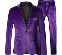 Abito da uomo in velluto a 2 pezzi con risvolto dentellato con un bottone per lo smoking, per feste invernali, cene, giacca e pantaloni in velluto, Viola, 6XL