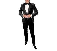 Abito da uomo in velluto a 2 pezzi, con risvolto, un bottone, slim fit, per lo smoking, per feste, cena, giacca e pantaloni, Nero , 5XL