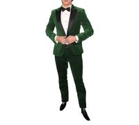 Abito da uomo in velluto a 2 pezzi, con risvolto, un bottone, slim fit, per lo smoking, per feste, cena, giacca e pantaloni, Verde smeraldo, XXL
