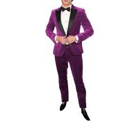 Abito da uomo in velluto a 2 pezzi, con risvolto, un bottone, slim fit, per lo smoking, per feste, cena, giacca e pantaloni, Fucsia, S