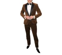 Abito da uomo in velluto a 2 pezzi, con risvolto, un bottone, slim fit, per lo smoking, per feste, cena, giacca e pantaloni, Marrone, S