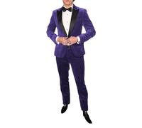 Abito da uomo in velluto a 2 pezzi, con risvolto, un bottone, slim fit, per lo smoking, per feste, cena, giacca e pantaloni, Viola, 4XL