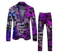 Abito da Uomo per San in Due Pezzi Rose Love all Print Completo Giacca Stampata, Completo di Pantaloni, Completo di Due Pezzi Superiore e Inferiore Vis A Vis (Purple, L)