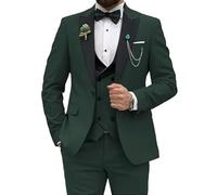 Abito da uomo slim fit, 3 pezzi, per festa di nozze, ballo di fine anno, giacca con un bottone, gilet e pantaloni, Verde scuro, L