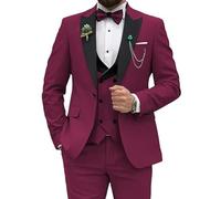 Abito da uomo slim fit, 3 pezzi, per festa di nozze, ballo di fine anno, giacca con un bottone, gilet e pantaloni, Borgogna, L