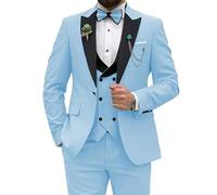 Abito da uomo slim fit, 3 pezzi, per matrimoni, feste, balli studenteschi, giacca con bottone e pantaloni con cravatta, Azzurro, L
