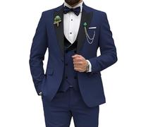 Abito da uomo slim fit, 3 pezzi, per matrimoni, feste, balli studenteschi, giacca con bottone e pantaloni con cravatta, blu navy, L