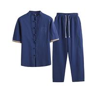 Abito da uomo Stile Cinese - Arti Marziali Tradizionali Kung Fu Tai Chi Wushu Classico Tangzhuang, Camicia Corta Pantaloni Allenamento Uniformi Primavera Autunno Tempo Libero Abbigliamento M-5xl, Blu,
