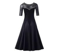 Abito da Valzer Tango Donna Gonna Ballo da Sala Completo Standard Nazionale | Lucido Squisito Elastico Traspirante Manica Media Manica Lunga Allenamento Spettacolo Strass
