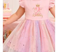 Abito di compleanno per due anni con tema corona e lettere, con graziose maniche a volant, gonna da in stile balletto con paillettes a stella e design patchwork a rete a sette colori